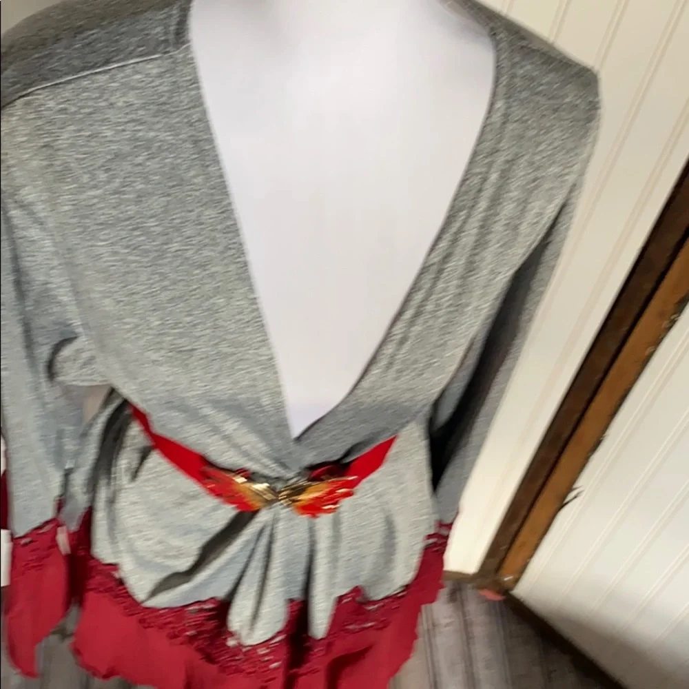 Silky sexy gray and red lace Kimono robe tie waist bell batwing sleeves s m l - Picture 7 of 9